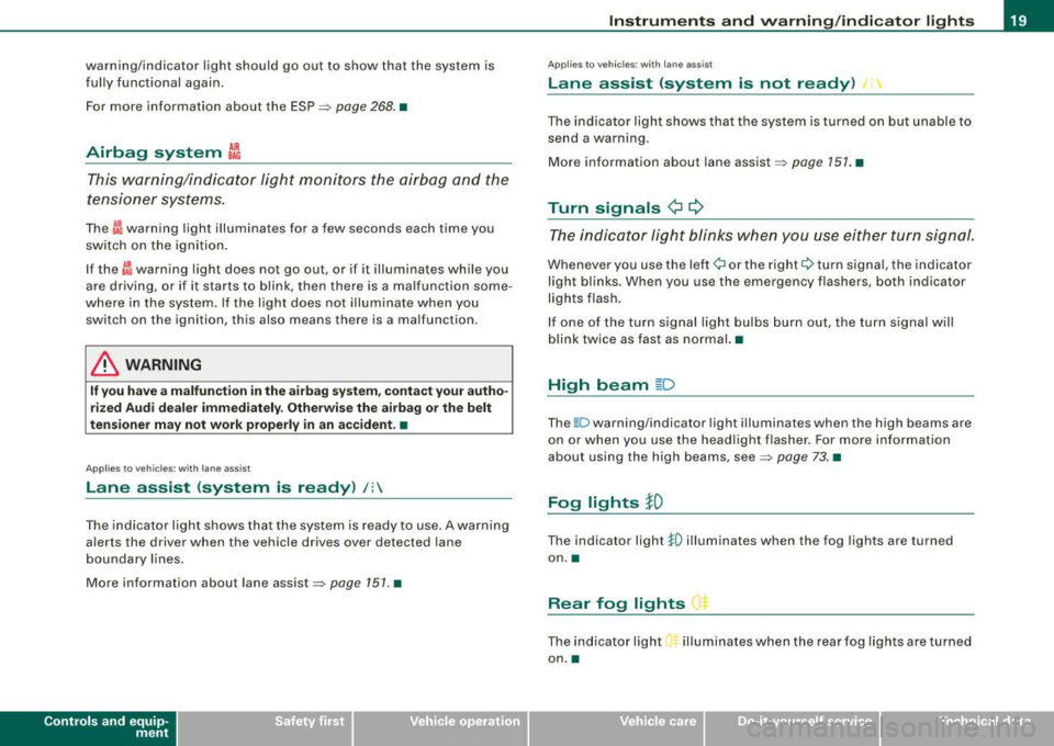 AUDI S8 2008 Owners Manual warning/indicator  light  should  go  out  to  show  that  the  system  is  
fully  functional  again. 
For more  information  about  the 
ESP=> page 268.  • 
Airbag  system C:, 
This warning/indica