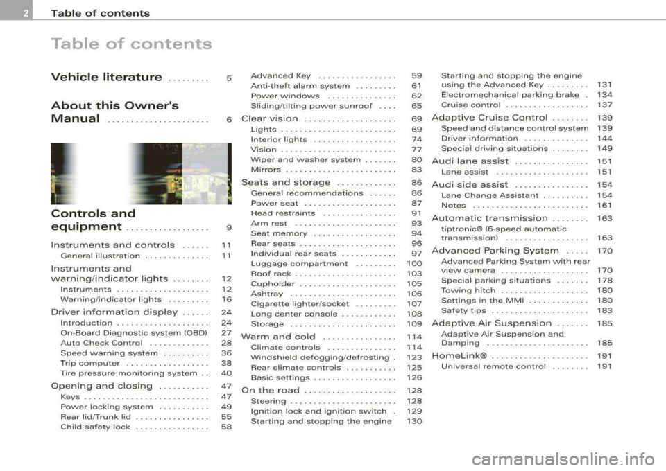 AUDI S8 2008  Owners Manual Table  of  contents 
Table  of  contents 
Vehicle  literature ........ . 
About  this  Owners  Manual  .....................  . 
Controls  and  
equipment  .. ... ... ..... ... . . 
Inst rumen ts  an