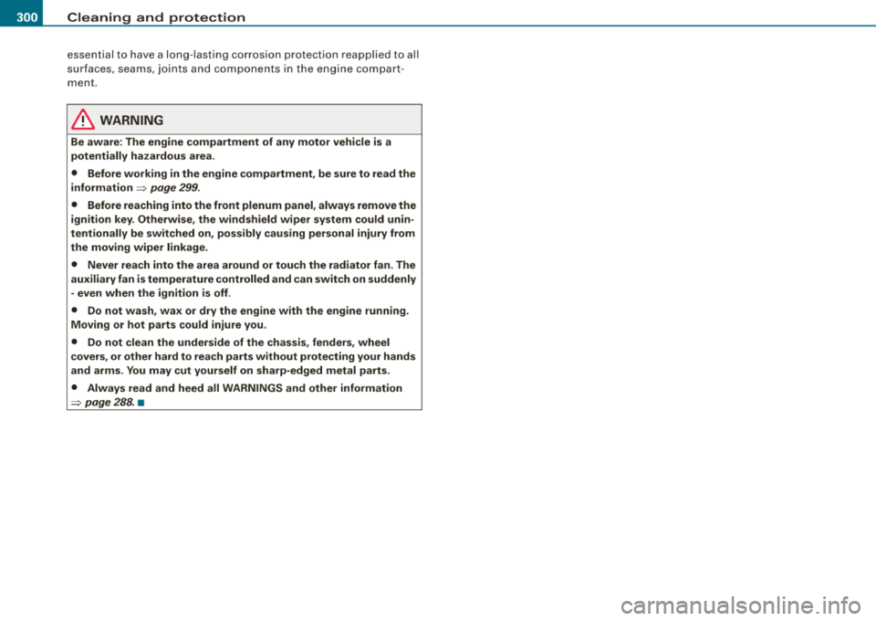 AUDI S8 2008  Owners Manual ___ C_ le_ a_n _i_n ~g _ a_ n_ d  
__  p_r _o _t _e _c_ t_ i_o _n ___________________________________________  _ 
essential  to have a long -lasting  corrosion  protection  reapplied  to  al l 
su rfa