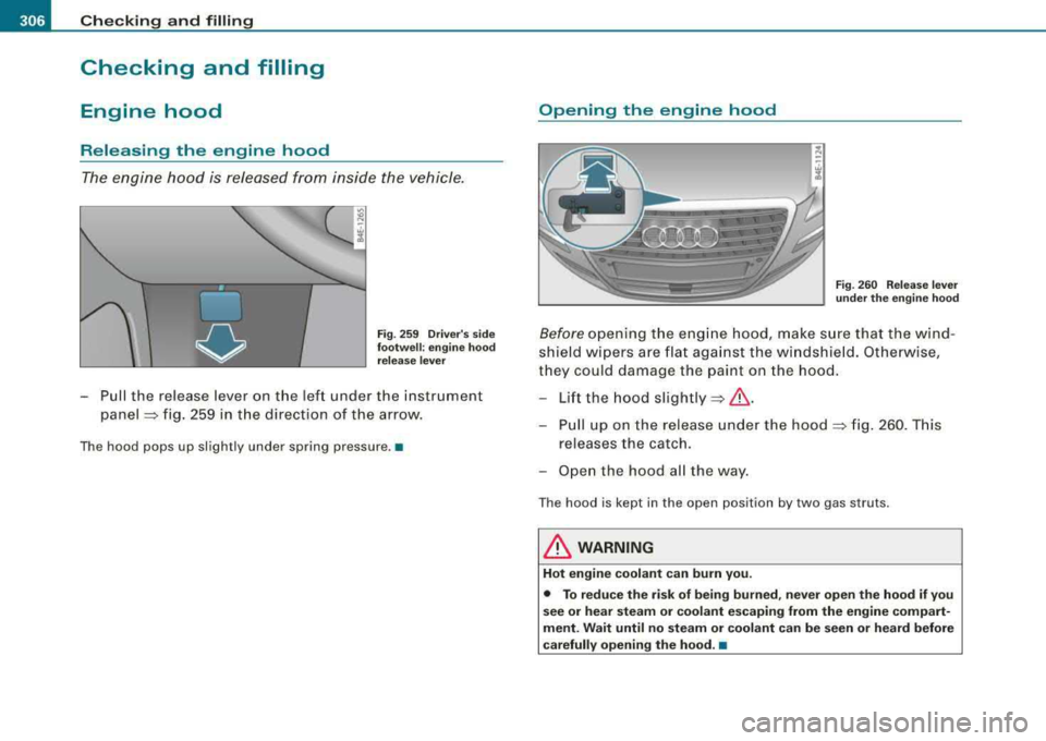 AUDI S8 2008 Owners Manual 1111...__C_ h_ e_c _k _ i_n ..::g ,_ a_n_ d_ f_il _li _n....: g=-- --------------------------------------------
Checking and filling
Engine hood
Releasing the engine hood
The engine hood i AUDI S8 2008 Owners Manual 1111...__C_ h_ e_c _k _ i_n ..::g ,_ a_n_ d_ f_il _li _n....: g=-- --------------------------------------------
Checking and filling
Engine hood
Releasing the engine hood
The engine hood i