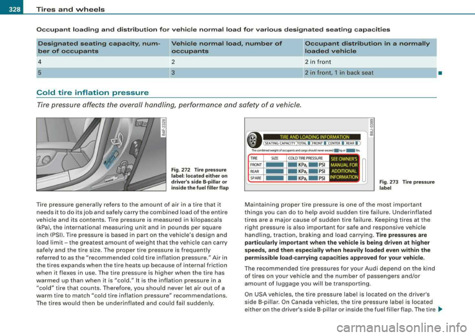 AUDI S8 2008  Owners Manual lllffl...__T_ ir_e _ s_ a_ n 
_ d_ w_ h_ e_ e_ls _________________________________________________  _ 
Occupant  loading  and  distribution  for  vehicle  normal  load  for  various  designated  seati