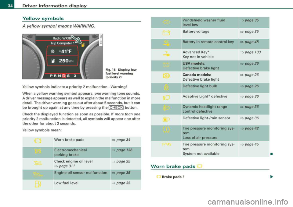 AUDI S8 2008  Owners Manual Driver  inf orma tio n  displ ay 
Yellow  symbols 
A  yellow  symbol  means  WARNING. 
Fig . 18  Display:  low 
fu el  l eve l warn in g 
(pr iori ty  2) 
Yellow  symbols  indicate  a priority  2  mal