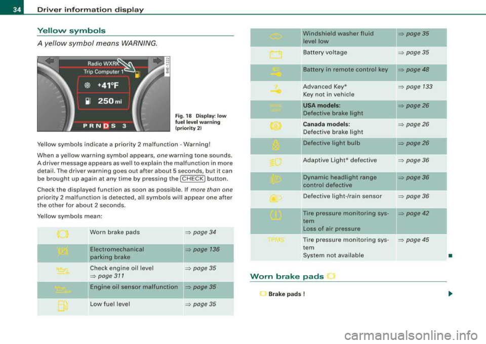 AUDI S8 2008 Owners Guide Driver  inf orma tio n  displ ay 
Yellow  symbols 
A  yellow  symbol  means  WARNING. 
Fig . 18  Display:  low 
fu el  l eve l warn in g 
(pr iori ty  2) 
Yellow  symbols  indicate  a priority  2  mal