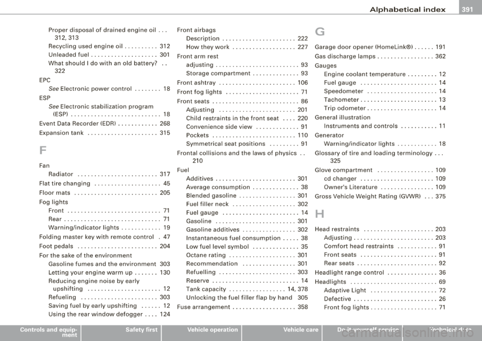 AUDI S8 2008 Owners Manual ______________________________________________ A_ l_,_ p _h_ a_ b_e _t_i c_ a_l _in _ d_e _ x __ lllll
Proper disposal of drained engine oil ...
312,3 13
Recycling used engine oi l ..... AUDI S8 2008 Owners Manual ______________________________________________ A_ l_,_ p _h_ a_ b_e _t_i c_ a_l _in _ d_e _ x __ lllll
Proper disposal of drained engine oil ...
312,3 13
Recycling used engine oi l .....