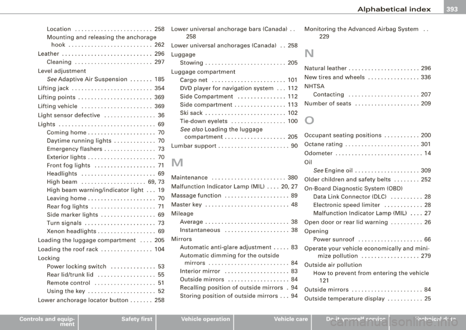 AUDI S8 2008 Owners Manual _____________________________________________ .:..A ..:; l~ p :.:h.:.. a== b:.:e :.: t:.:.ic == a.:..l .:.. in :..:.:: d:.::e :.: x::..... _IIIII
Location ...... .... .... .... .... .. 258
Mountin AUDI S8 2008 Owners Manual _____________________________________________ .:..A ..:; l~ p :.:h.:.. a== b:.:e :.: t:.:.ic == a.:..l .:.. in :..:.:: d:.::e :.: x::..... _IIIII
Location ...... .... .... .... .... .. 258
Mountin
