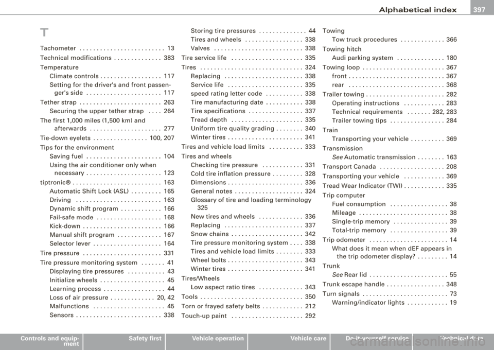 AUDI S8 2008 Owners Manual ______________________________________________ A_ l_,_ p _h_ a_ b_e _t_ic _ a_l _in _ d_e _ x __ lll
T
Tachometer . .... .... .... ... .... .... . 13
Technical modifications ...... ...... .. 3 AUDI S8 2008 Owners Manual ______________________________________________ A_ l_,_ p _h_ a_ b_e _t_ic _ a_l _in _ d_e _ x __ lll
T
Tachometer . .... .... .... ... .... .... . 13
Technical modifications ...... ...... .. 3
