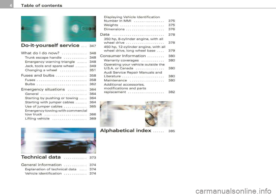 AUDI S8 2008 Owners Manual Table of contents
Do-it-yourself service ... 347
What do I do now? . . . . . . . . . . . . . 348
Trunk escape handle . . . . . . . . . . . . 348
Emergency warning triang le AUDI S8 2008 Owners Manual Table of contents
Do-it-yourself service ... 347
What do I do now? . . . . . . . . . . . . . 348
Trunk escape handle . . . . . . . . . . . . 348
Emergency warning triang le