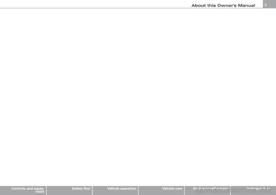 AUDI S8 2008 Owners Manual Controls and equipment Safety first
Vehicle operation Vehicle care
About this Owners Manual
Do-it-yourself service Technical data AUDI S8 2008 Owners Manual Controls and equipment Safety first
Vehicle operation Vehicle care
About this Owners Manual
Do-it-yourself service Technical data
