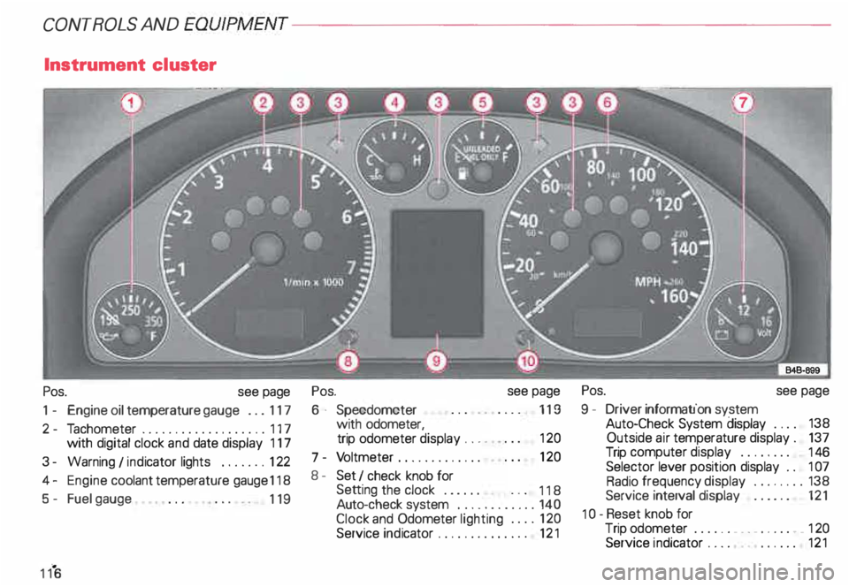AUDI ALLROAD 2000  Owners Manual CONTROLS AND EQUIPMENT---------------------
Instrument cluster 
Pos.  see page 
1  - Engine  oil temperature  gauge ...  117 
2 - Tachometer  ...... ........... ..  117 
with  digital  clock and date 