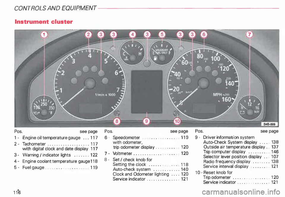 AUDI ALLROAD 2000 Owners Manual CONTROLS AND EQUIPMENT---------------------
Instrument cluster
Pos. see page
1 - Engine oil temperature gauge ... 117
2 - Tachometer ...... ........... .. 117
with digital clock and date AUDI ALLROAD 2000 Owners Manual CONTROLS AND EQUIPMENT---------------------
Instrument cluster
Pos. see page
1 - Engine oil temperature gauge ... 117
2 - Tachometer ...... ........... .. 117
with digital clock and date