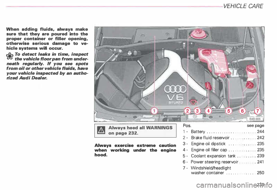 AUDI ALLROAD 2000 Owners Manual When
adding fluids, always make
sure that they are poured into the
proper container or filler opening,
otherwise serious damage to ve
hicle systems will occur. r:Gb To detect leaks AUDI ALLROAD 2000 Owners Manual When
adding fluids, always make
sure that they are poured into the
proper container or filler opening,
otherwise serious damage to ve
hicle systems will occur. r:Gb To detect leaks