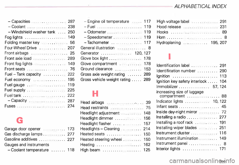 AUDI ALLROAD 2000 Owners Manual - Capacities
. . . • . . . . . . . . • . . . 287
-C oolant . . . . . . . .
238
-W indshield washer tank . . . . 250
Fog lights .. .. .. .. .
. 149
Folding master key _ . . AUDI ALLROAD 2000 Owners Manual - Capacities
. . . • . . . . . . . . • . . . 287
-C oolant . . . . . . . .
238
-W indshield washer tank . . . . 250
Fog lights .. .. .. .. .
. 149
Folding master key _ . .