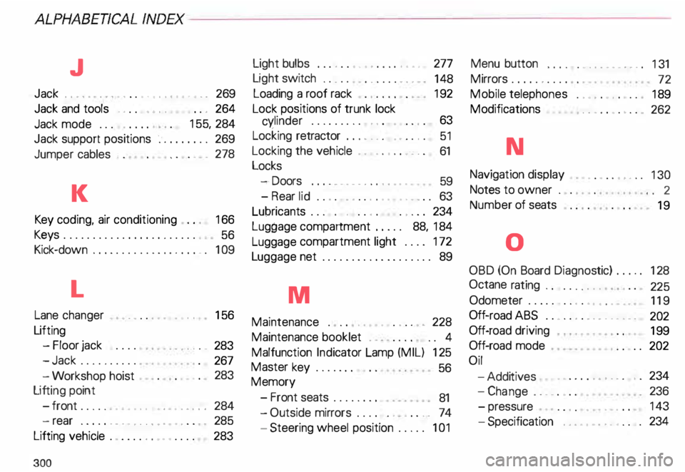 AUDI ALLROAD 2000 Owners Manual ALPHABEnC
ALINDEX----------------------------------------------
J
Jack . . . . . . . . . . . . • . . , •• •.. 269
Jack and tools . . . • • . . . . . 264
Jack mode . AUDI ALLROAD 2000 Owners Manual ALPHABEnC
ALINDEX----------------------------------------------
J
Jack . . . . . . . . . . . . • . . , •• •.. 269
Jack and tools . . . • • . . . . . 264
Jack mode .
