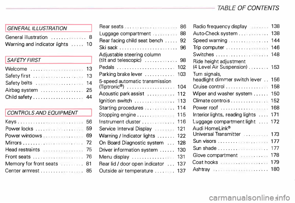 AUDI ALLROAD 2000 Owners Manual ----------------------------------------------TABLE OFCONT ENTS
I GENERAL ILLUSTRATION
General illustration 0 0 0. • • • 8
Warning and indicator lights 10
I SAFETY
FIRST
W elc AUDI ALLROAD 2000 Owners Manual ----------------------------------------------TABLE OFCONT ENTS
I GENERAL ILLUSTRATION
General illustration 0 0 0. • • • 8
Warning and indicator lights 10
I SAFETY
FIRST
W elc