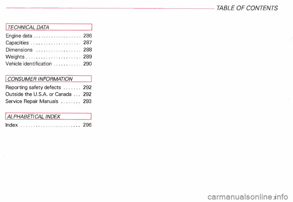 AUDI ALLROAD 2000 Owners Manual ----------------------------------------------TABLE OF C ONTENTS
I TECHNI CAL DATA
Engine data
Capacities .
Dimensions
Weights ...
Vehicle identification 286
. ' . . .•. .. 287
2 AUDI ALLROAD 2000 Owners Manual ----------------------------------------------TABLE OF C ONTENTS
I TECHNI CAL DATA
Engine data
Capacities .
Dimensions
Weights ...
Vehicle identification 286
. ' . . .•. .. 287
2