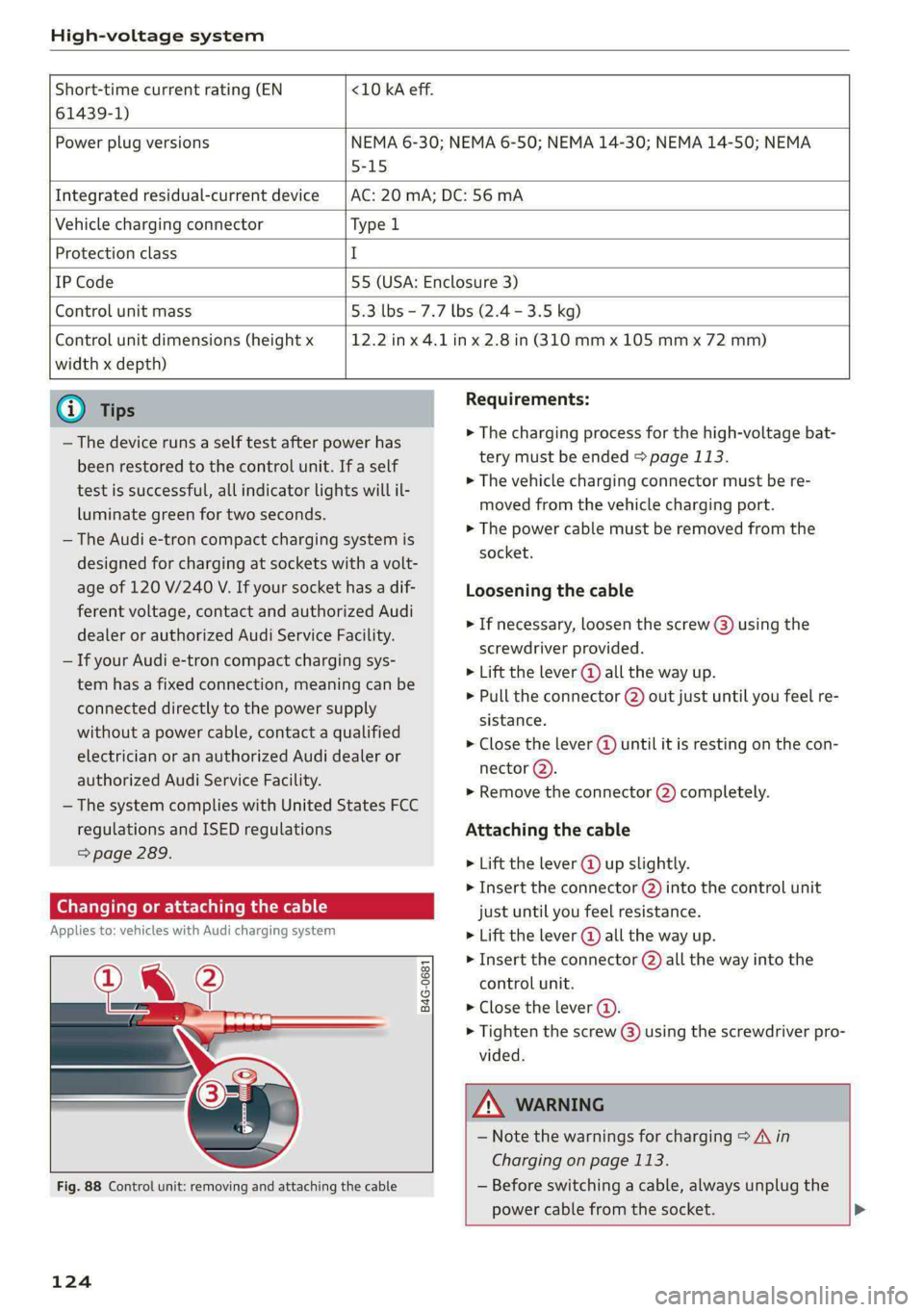 AUDI E-TRON 2021 Owners Manual High-voltage system
Short-time current rating (EN <10 kA eff.
61439-1)
Power plug versions NEMA 6-30; NEMA 6-50; NEMA 14-30; NEMA 14-50; NEMA
5-15
Integrated residual-current de AUDI E-TRON 2021 Owners Manual High-voltage system
Short-time current rating (EN <10 kA eff.
61439-1)
Power plug versions NEMA 6-30; NEMA 6-50; NEMA 14-30; NEMA 14-50; NEMA
5-15
Integrated residual-current de