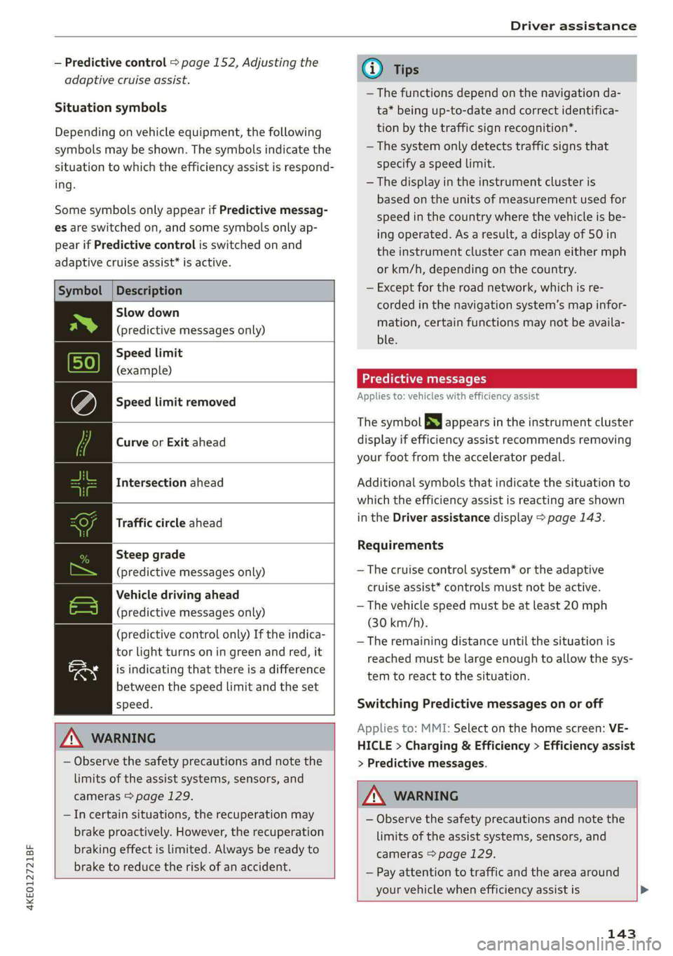 AUDI E-TRON 2021 Owners Manual 4KE012721BF
Driver assistance
— Predictive control > page 152, Adjusting the
adaptive cruise assist.
Situation symbols
Depending on vehicle equipment, the following
symbols may be shown. AUDI E-TRON 2021 Owners Manual 4KE012721BF
Driver assistance
— Predictive control > page 152, Adjusting the
adaptive cruise assist.
Situation symbols
Depending on vehicle equipment, the following
symbols may be shown.