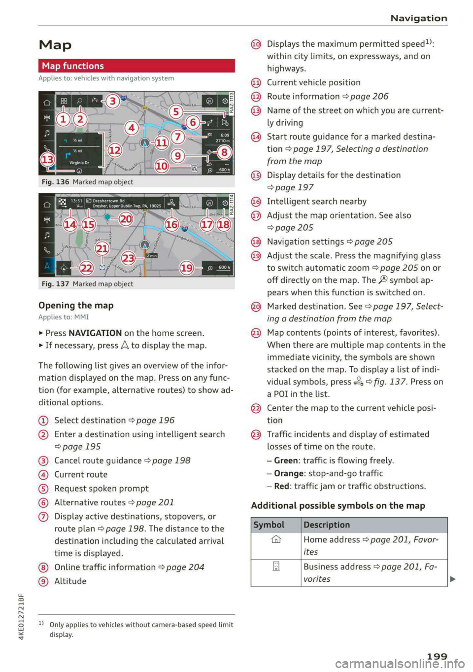 AUDI E-TRON 2021 User Guide 4KE012721BF
Navigation
Map
Map functions
Applies to: vehicles with navigation system
Zs [= PE eee)
pO) pe Dresher, Upper Dublin Twp, PA, 19025
Fig. 137 Marked map object
Opening the AUDI E-TRON 2021 User Guide 4KE012721BF
Navigation
Map
Map functions
Applies to: vehicles with navigation system
Zs [= PE eee)
pO) pe Dresher, Upper Dublin Twp, PA, 19025
Fig. 137 Marked map object
Opening the