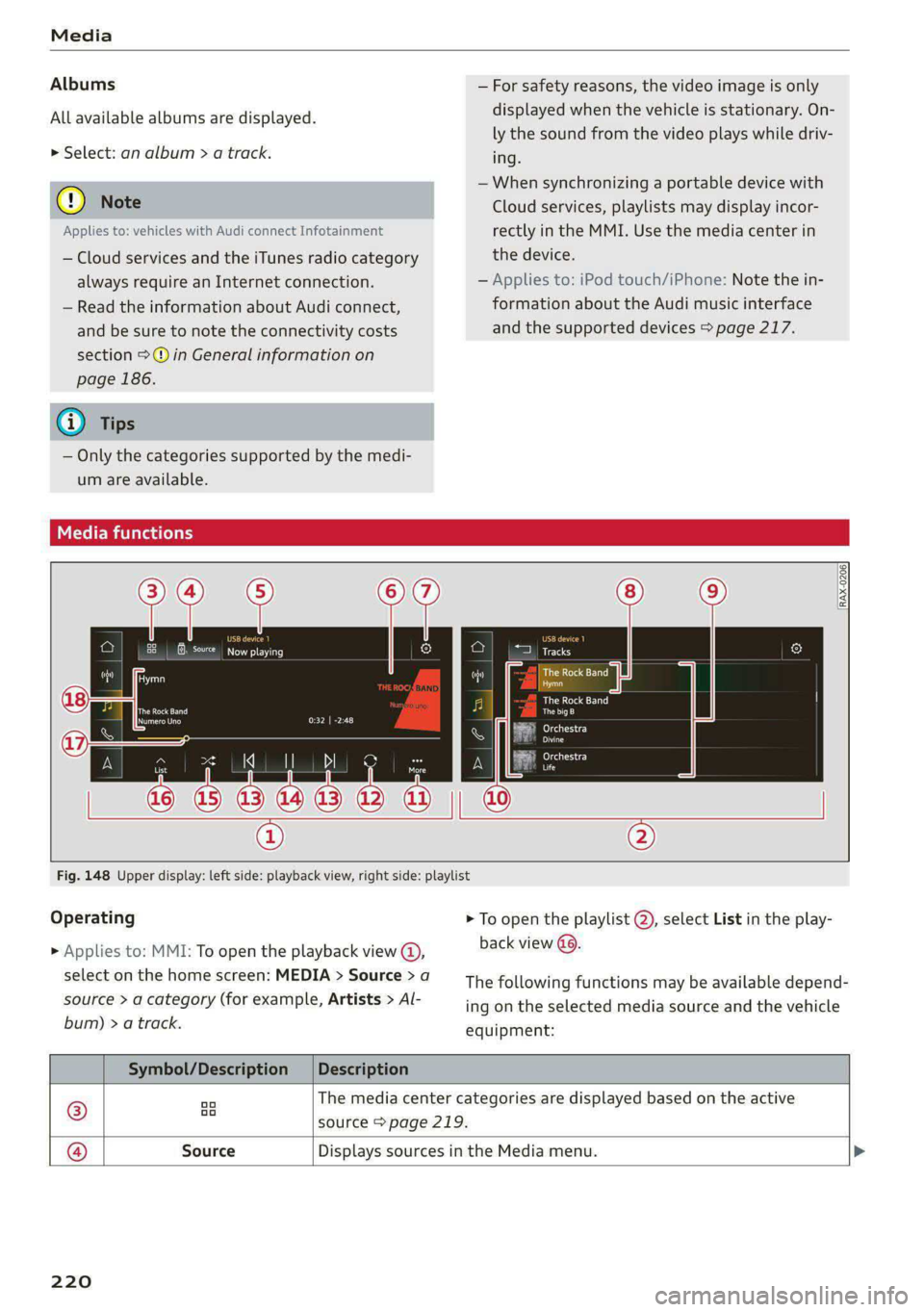 AUDI E-TRON 2021  Owners Manual Media 
Albums 
All available albums are displayed. 
> Select: an album > a track. 
@ Note 
Applies to: vehicles with Audi connect Infotainment 
— Cloud services and the iTunes radio category 
always