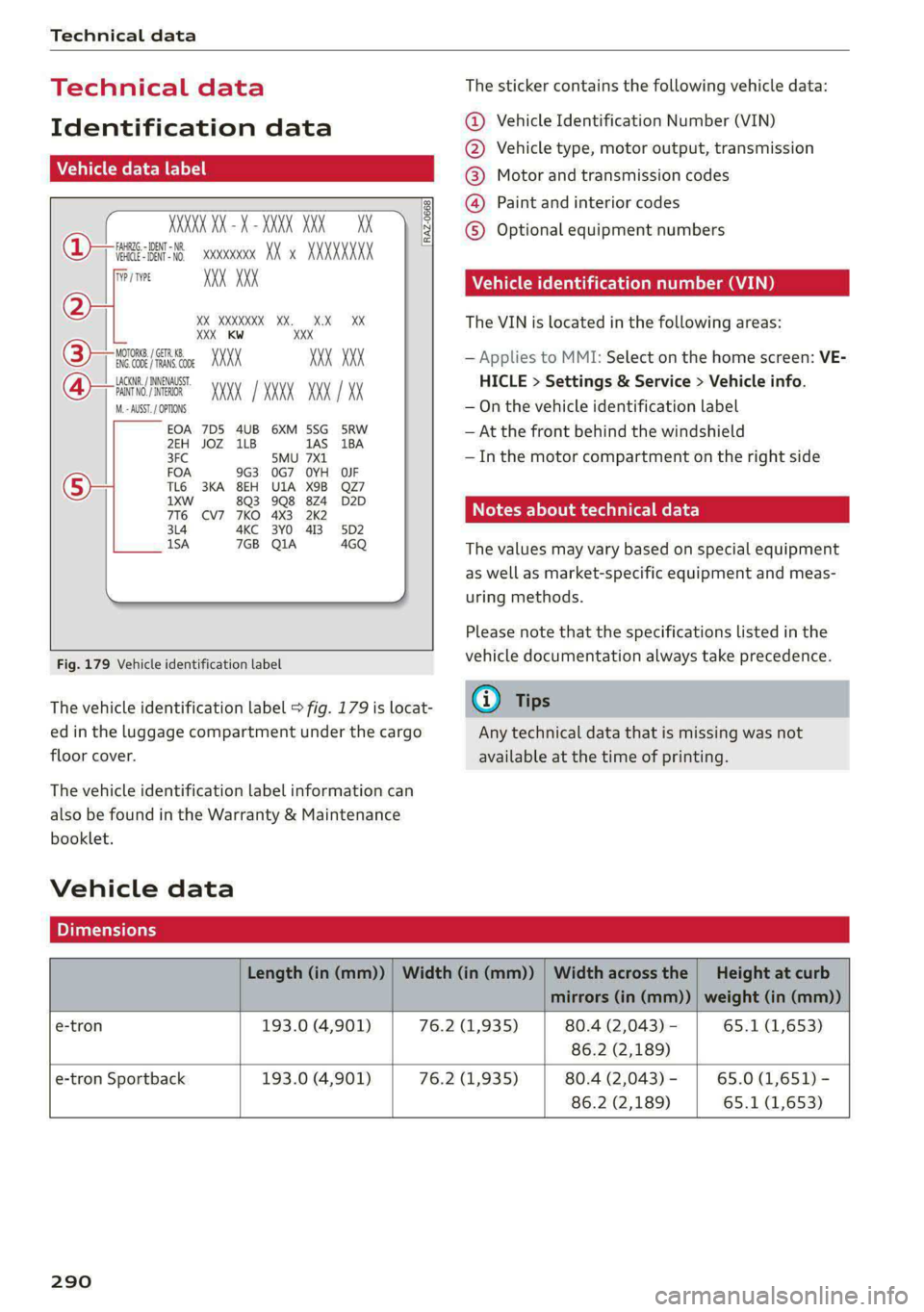 AUDI E-TRON 2021  Owners Manual Technical data 
  
Technical data 
Identification data 
Vehicle data label 
  
—S>SSESESES>S>S>E>E>>—s FA 
WOOK X-XOK KKK) 
(Hae osccn XX x XXKKKNKK 
Fim = YXX XXX 
27] XX XXXXXXX XX. X.X XX 
XXX 