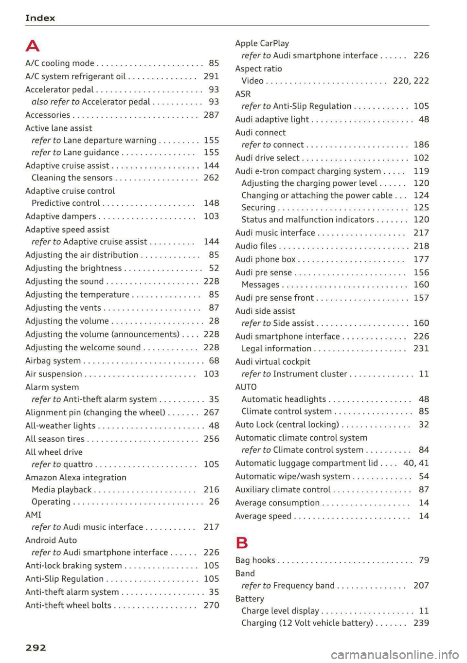 AUDI E-TRON 2021 Owners Manual Index
A
A/C cooling mode..........-.. eee eee eee
A/C system refrigerant oil...............
Accelerator pedal...............-0000005
also refer to Accelerator pedal...........
ACCESSOFICES . AUDI E-TRON 2021 Owners Manual Index
A
A/C cooling mode..........-.. eee eee eee
A/C system refrigerant oil...............
Accelerator pedal...............-0000005
also refer to Accelerator pedal...........
ACCESSOFICES .