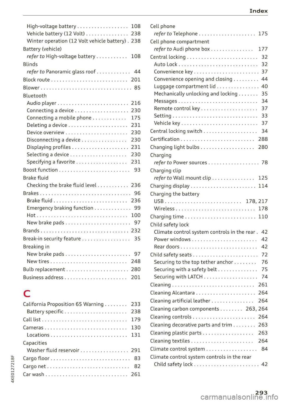 AUDI E-TRON 2021 Owners Manual 4KE012721BF
Index
High-voltage battery.................. 108
Vehicle battery (12 Volt)............... 238
Winter operation (12 Volt vehicle battery) . 238
Battery (vehicle)
refer to High-volt AUDI E-TRON 2021 Owners Manual 4KE012721BF
Index
High-voltage battery.................. 108
Vehicle battery (12 Volt)............... 238
Winter operation (12 Volt vehicle battery) . 238
Battery (vehicle)
refer to High-volt