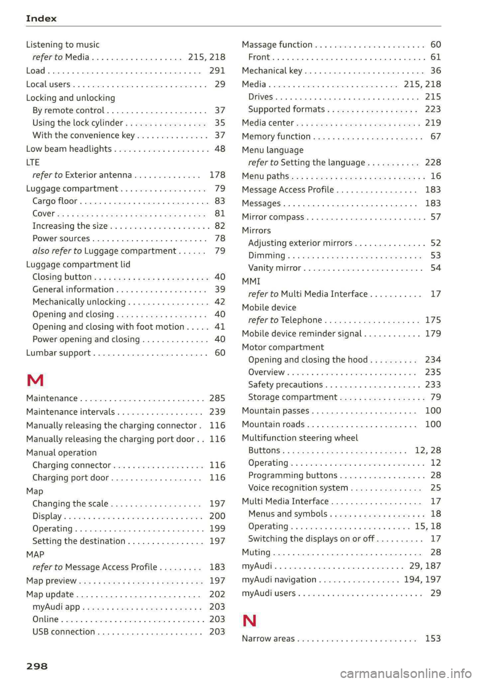 AUDI E-TRON 2021 Owners Manual Index
Listening to music
refer to Media.............0000ee 215, 218
Load... 22... eee 291
EOGAUUSERS Ia: © cnences o + seem « 6 wpnnwe © a seem ww 8 29
Locking and unlocking
By remote co AUDI E-TRON 2021 Owners Manual Index
Listening to music
refer to Media.............0000ee 215, 218
Load... 22... eee 291
EOGAUUSERS Ia: © cnences o + seem « 6 wpnnwe © a seem ww 8 29
Locking and unlocking
By remote co