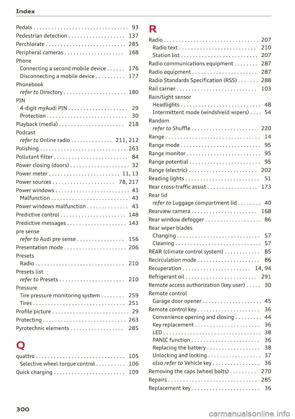 AUDI E-TRON 2021 Owners Guide
Pedal Siciiie 2 venesese © wees ee commen ov ances ov eneveve 93
Pedestrian detection...........0..0e00. 137
Perchlorate: « casi +s gaa + eam « s yews 6s oe 285
Peripheral.camerasisies ss exi AUDI E-TRON 2021 Owners Guide
Pedal Siciiie 2 venesese © wees ee commen ov ances ov eneveve 93
Pedestrian detection...........0..0e00. 137
Perchlorate: « casi +s gaa + eam « s yews 6s oe 285
Peripheral.camerasisies ss exi