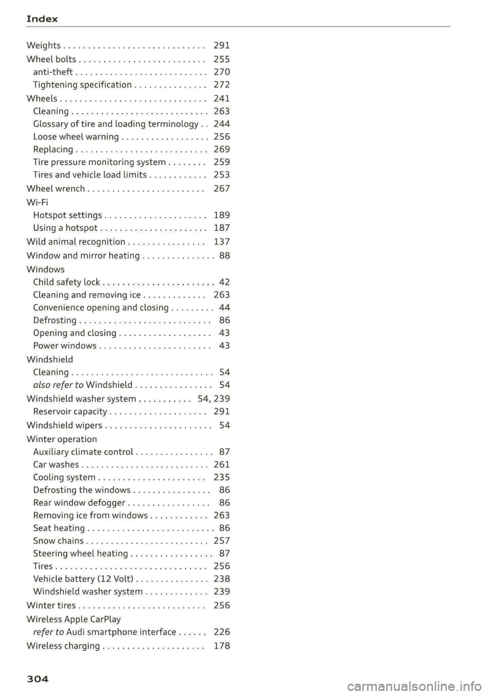 AUDI E-TRON 2021  Owners Manual Index 
  
WeIQRts: « & sossce vo  ssesen ww cones vo ane vw aes 291 
Wheelbollts « incase «i scamane o « ovoane x  0 asuwon #0 8 255 
anti-theft........................00. 270 
Tightening specific
