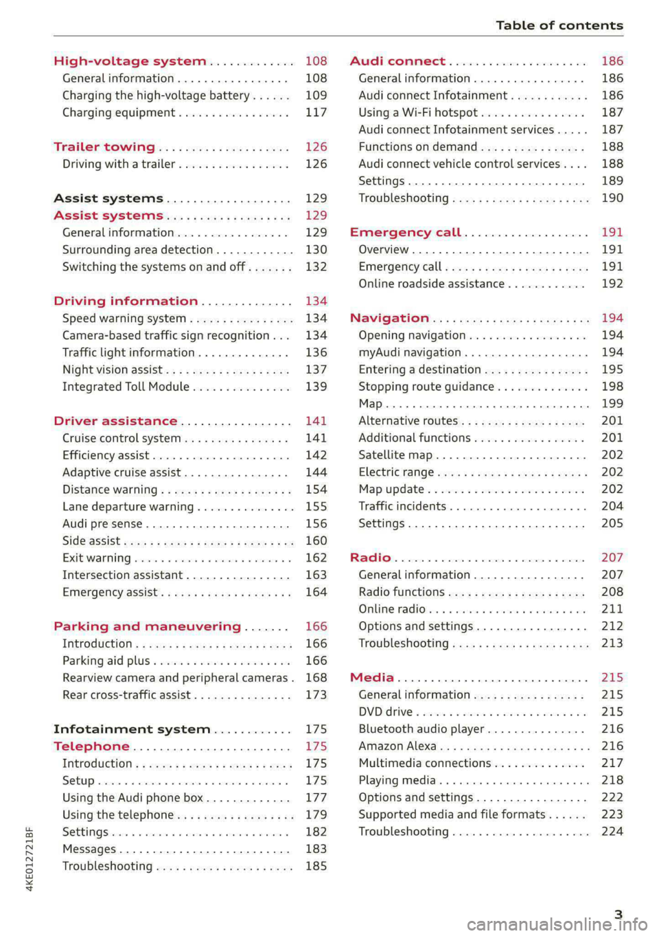 AUDI E-TRON 2021 Owners Manual 4KE012721BF
Table of contents
High-voltage system............. 108
General information................. 108
Charging the high-voltage battery...... 109
Charging equipment................. 117 AUDI E-TRON 2021 Owners Manual 4KE012721BF
Table of contents
High-voltage system............. 108
General information................. 108
Charging the high-voltage battery...... 109
Charging equipment................. 117