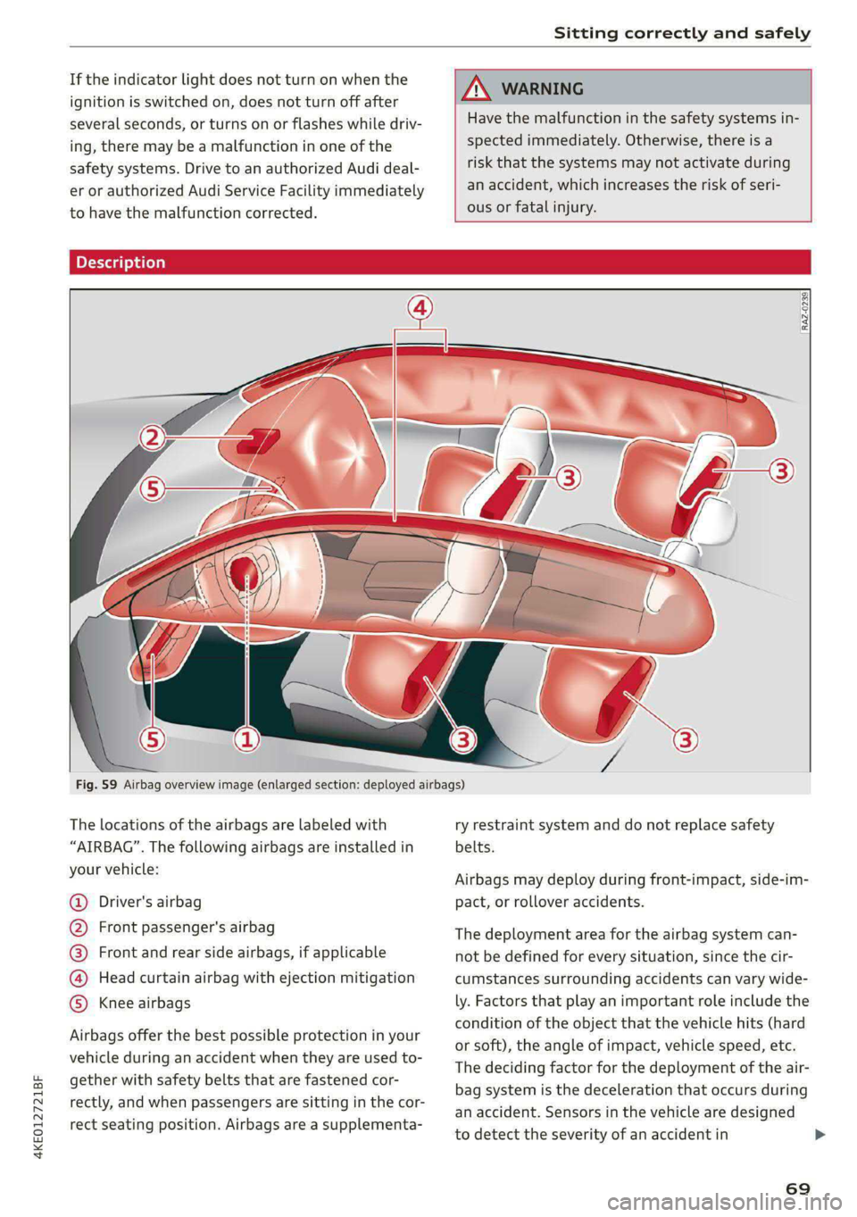 AUDI E-TRON 2021 Owners Manual 4KE012721BF
Sitting correctly and safely
If the indicator light does not turn on when the
ignition is switched on, does not turn off after
several seconds, or turns on or flashes while driv-
i AUDI E-TRON 2021 Owners Manual 4KE012721BF
Sitting correctly and safely
If the indicator light does not turn on when the
ignition is switched on, does not turn off after
several seconds, or turns on or flashes while driv-
i