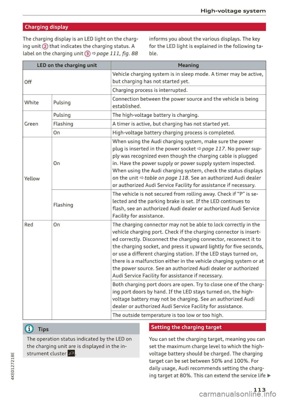 AUDI E-TRON 2020 Owners Manual 4KE012721BE
High-voltage system
Charging display
The charging display is an LED light on the charg- informs you about the various displays. The key
ing unit @ that indicates the charging statu AUDI E-TRON 2020 Owners Manual 4KE012721BE
High-voltage system
Charging display
The charging display is an LED light on the charg- informs you about the various displays. The key
ing unit @ that indicates the charging statu