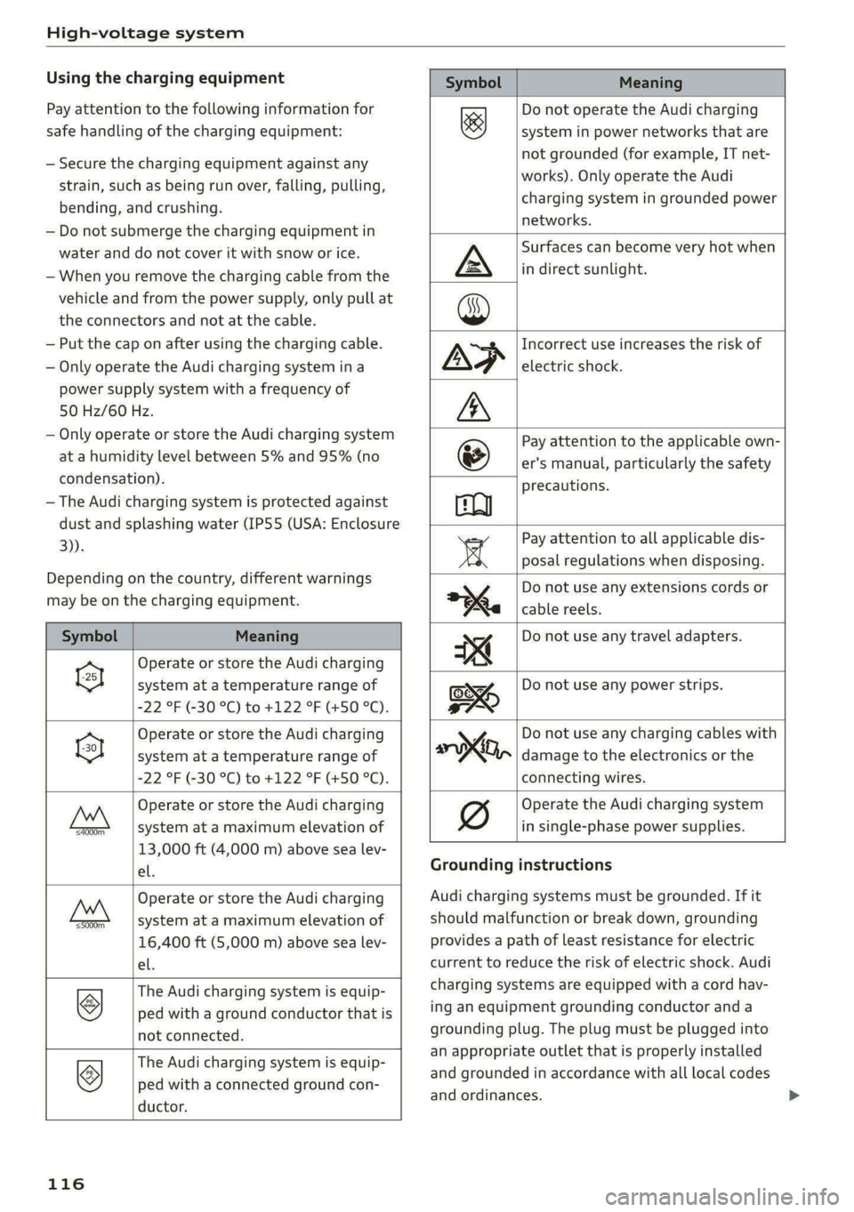AUDI E-TRON 2020 Owners Manual High-voltage system
Using the charging equipment
Pay attention to the following information for
safe handling of the charging equipment:
— Secure the charging equipment against any
strain, s AUDI E-TRON 2020 Owners Manual High-voltage system
Using the charging equipment
Pay attention to the following information for
safe handling of the charging equipment:
— Secure the charging equipment against any
strain, s