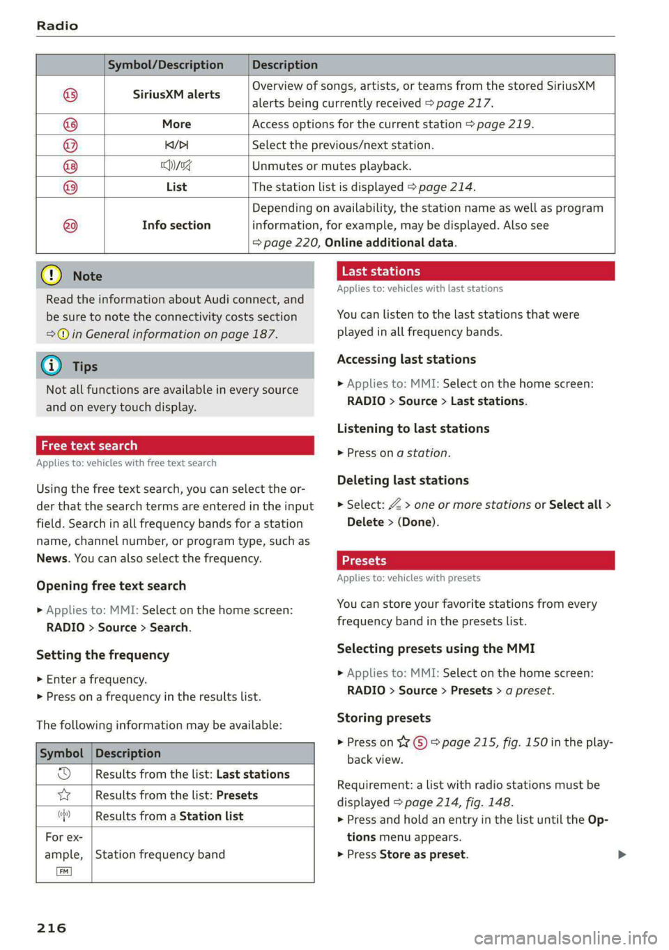 AUDI E-TRON 2020 Owners Manual
Symbol/Description Description
Overview of songs, artists, or teams from the stored SiriusXM
8 SIPUSERIAIEHS alerts being currently received > page 217.
© More Access options AUDI E-TRON 2020 Owners Manual
Symbol/Description Description
Overview of songs, artists, or teams from the stored SiriusXM
8 SIPUSERIAIEHS alerts being currently received > page 217.
© More Access options