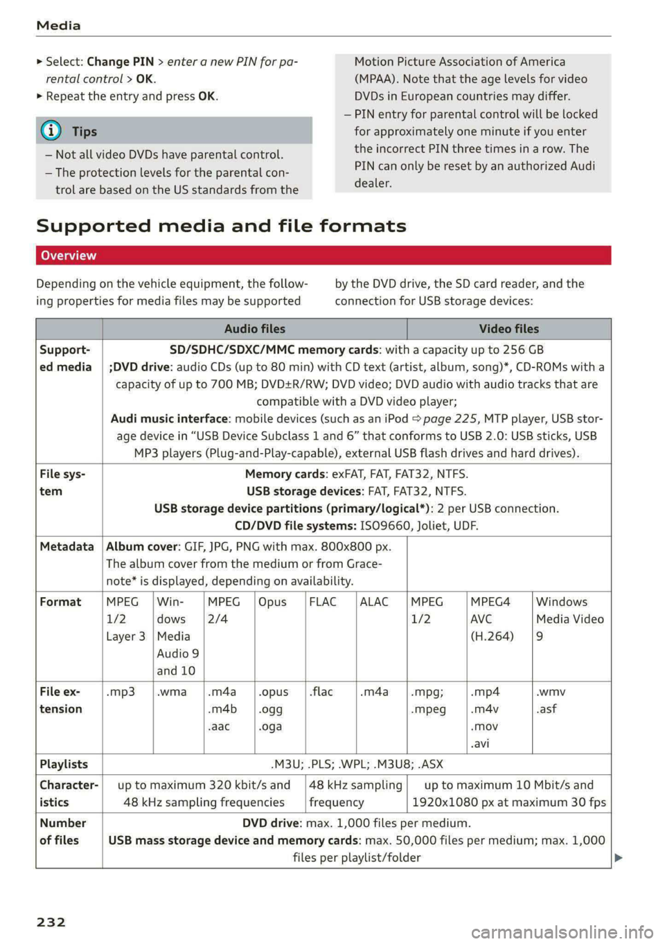 AUDI E-TRON 2020 Owners Manual Media
> Select: Change PIN > enter a new PIN for pa- Motion Picture Association of America
rental control > OK. (MPAA). Note that the age levels for video
> Repeat the entry and press OK. DVDs i AUDI E-TRON 2020 Owners Manual Media
> Select: Change PIN > enter a new PIN for pa- Motion Picture Association of America
rental control > OK. (MPAA). Note that the age levels for video
> Repeat the entry and press OK. DVDs i
