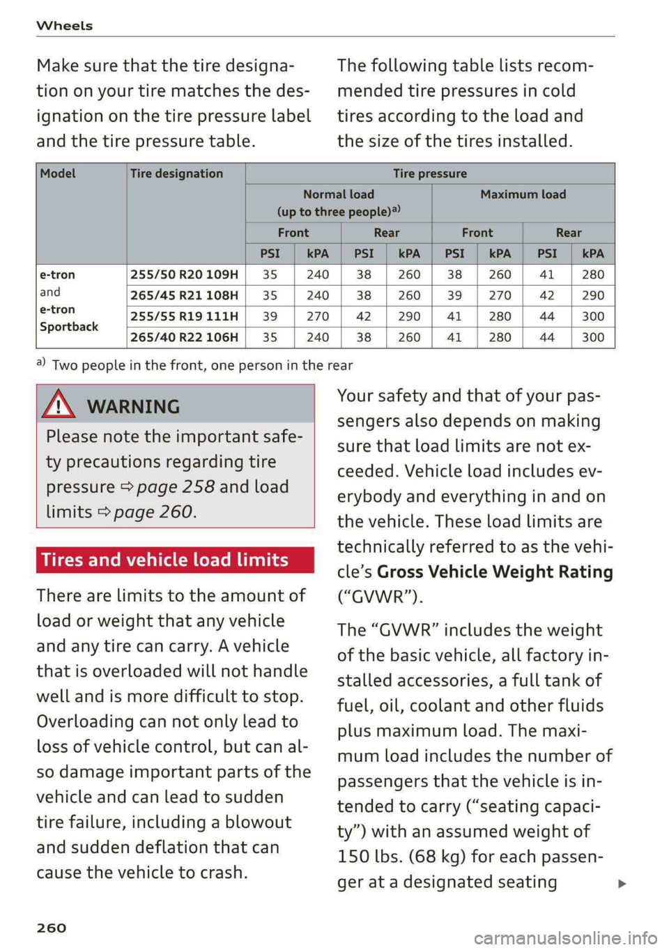 AUDI E-TRON 2020 Owners Manual Wheels
Make sure that the tire designa-
tion on your tire matches the des-
ignation on the tire pressure label
and the tire pressure table.
The following table lists recom-
mended tire pressu AUDI E-TRON 2020 Owners Manual Wheels
Make sure that the tire designa-
tion on your tire matches the des-
ignation on the tire pressure label
and the tire pressure table.
The following table lists recom-
mended tire pressu
