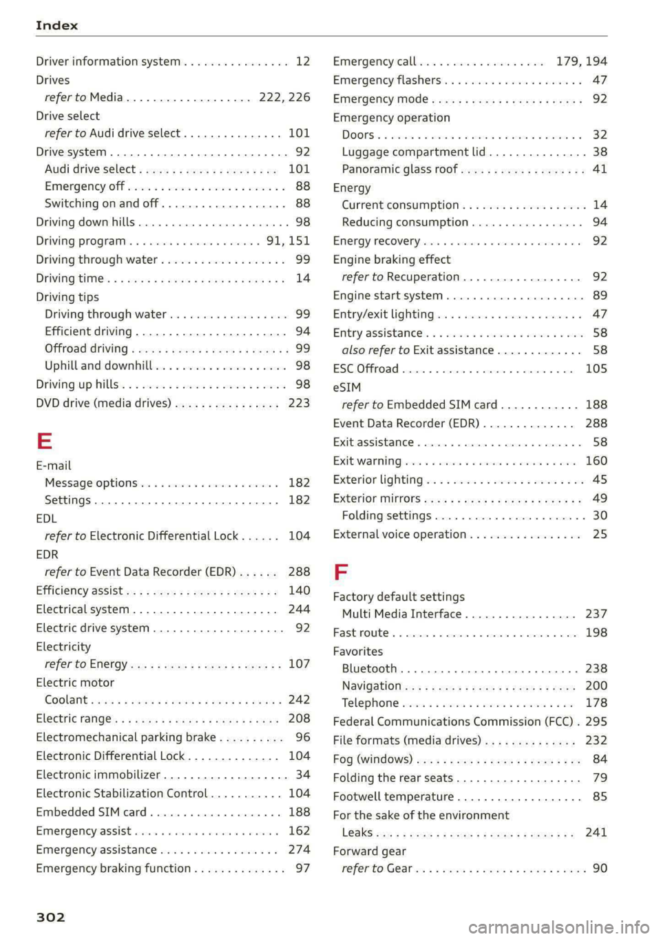 AUDI E-TRON 2020 Owners Manual Index
Driver information system................ 12
Drives
refer to Media................-.. 222,226
Drive select
refer to Audi drive select............... 101
Drive systeM... 0... eee eee ee AUDI E-TRON 2020 Owners Manual Index
Driver information system................ 12
Drives
refer to Media................-.. 222,226
Drive select
refer to Audi drive select............... 101
Drive systeM... 0... eee eee ee