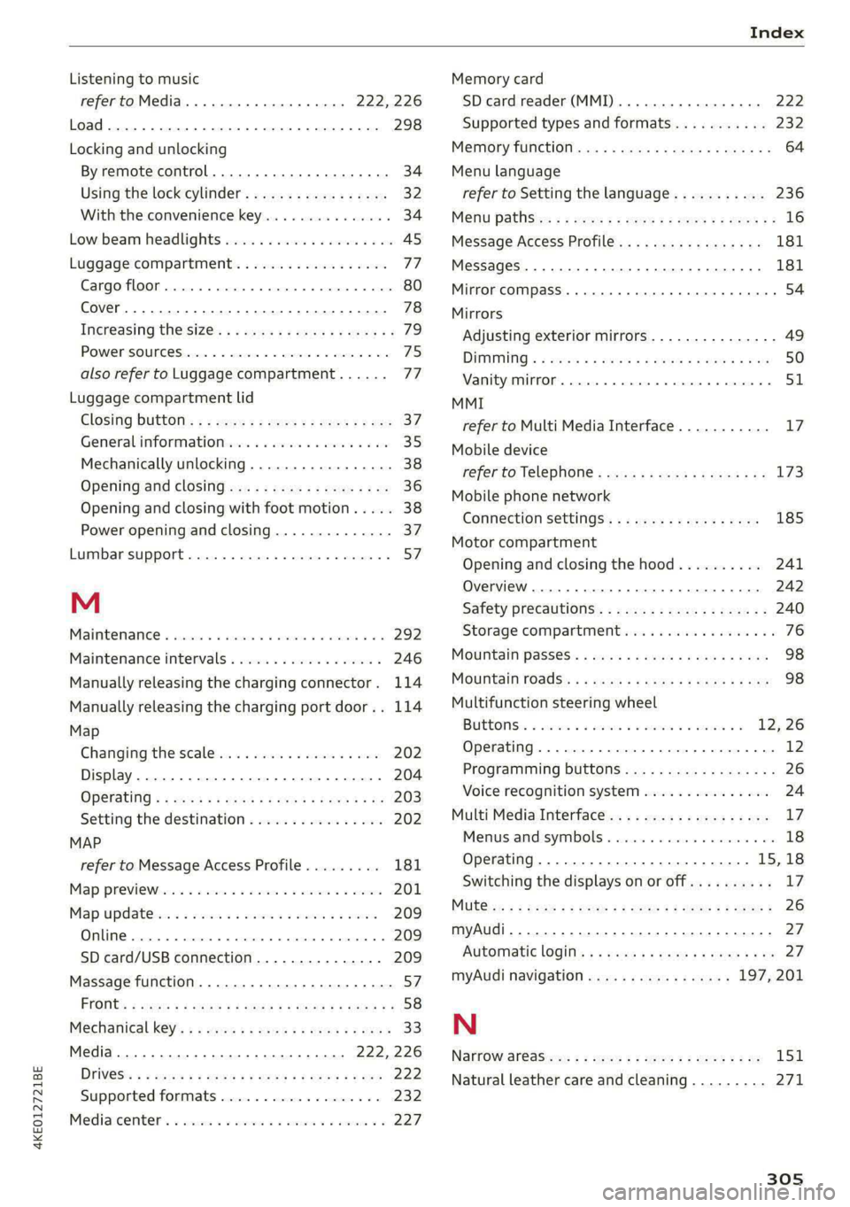 AUDI E-TRON 2020 Owners Manual 4KE012721BE
Index
Listening to music
refertoMedia.............0ee eee 222,226
Load... 2.2... eee eee 298
Locking and unlocking
By remote control............00 cece ee 34
Using the lock cylin AUDI E-TRON 2020 Owners Manual 4KE012721BE
Index
Listening to music
refertoMedia.............0ee eee 222,226
Load... 2.2... eee eee 298
Locking and unlocking
By remote control............00 cece ee 34
Using the lock cylin