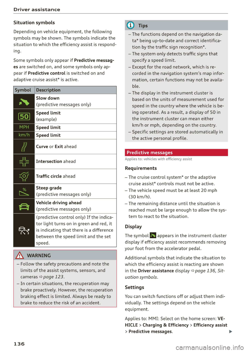 AUDI E-TRON 2019 Owners Manual Driver assistance
Situation symbols
Depending on vehicle equipment, the following
symbols may be shown. The symbols indicate the
situation to which the efficiency assist is respond-
ing.
Some AUDI E-TRON 2019 Owners Manual Driver assistance
Situation symbols
Depending on vehicle equipment, the following
symbols may be shown. The symbols indicate the
situation to which the efficiency assist is respond-
ing.
Some