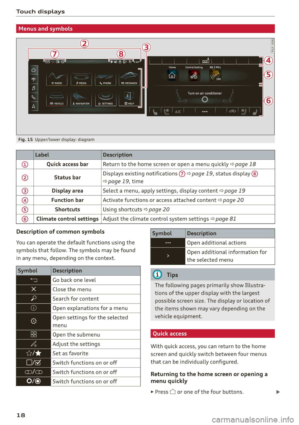AUDI E-TRON 2019  Owners Manual Touch displays 
  
Menus and symbols 
  
  
<a] 
Ce ota UC 
fons 
a 
Co > an 
4 oo A oe Sc 
  
Ls 
  
Fig. 15 Upper/lower display: diagram 
  
Label Description 
  
Quick access bar Return to the home