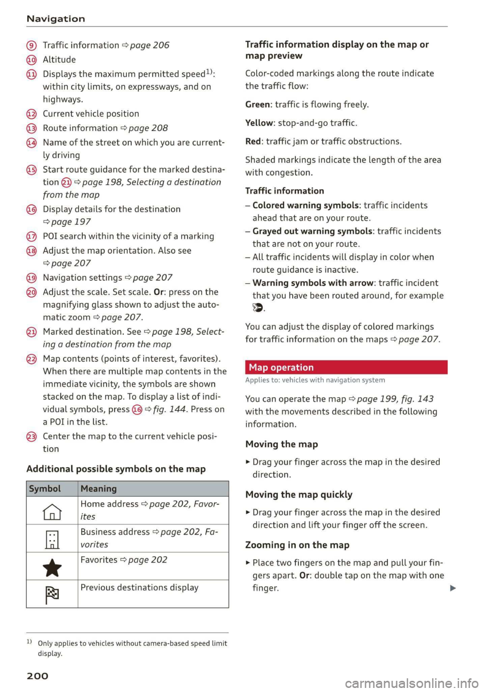 AUDI E-TRON 2019 Owners Manual Navigation
raffic information > page 206 pag
@ Altitude
@) Displays the maximum permitted speed”):
within city limits, on expressways, and on
highways.
Current vehicle position
Route infor AUDI E-TRON 2019 Owners Manual Navigation
raffic information > page 206 pag
@ Altitude
@) Displays the maximum permitted speed”):
within city limits, on expressways, and on
highways.
Current vehicle position
Route infor
