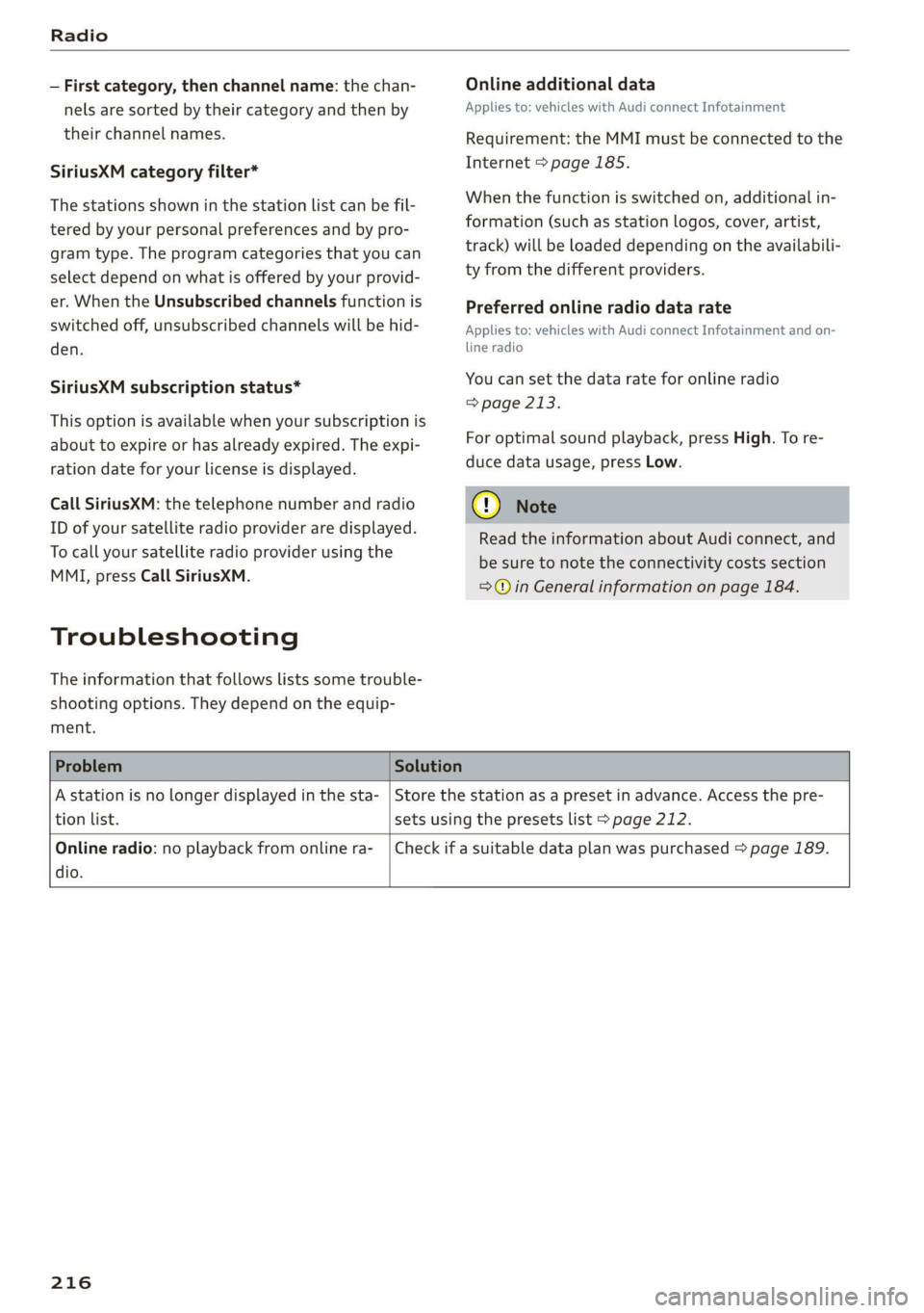 AUDI E-TRON 2019 Owners Manual Radio
— First category, then channel name: the chan-
nels are sorted by their category and then by
their channel names.
SiriusXM category filter*
The stations shown in the station list can b AUDI E-TRON 2019 Owners Manual Radio
— First category, then channel name: the chan-
nels are sorted by their category and then by
their channel names.
SiriusXM category filter*
The stations shown in the station list can b