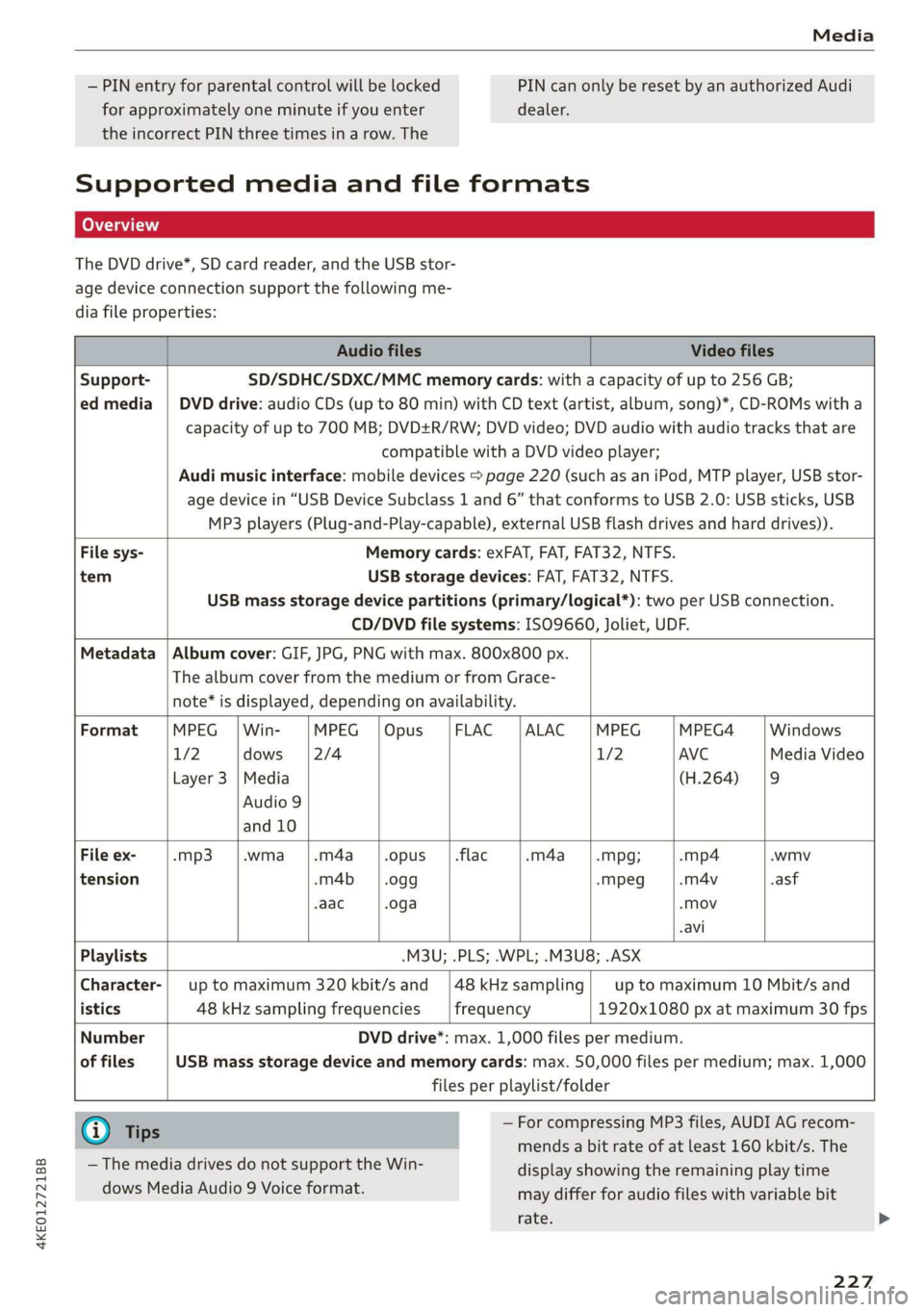 AUDI E-TRON 2019 Owners Manual 4KE012721BB
Media
— PIN entry for parental control will be locked PIN can only be reset by an authorized Audi
for approximately one minute if you enter dealer.
the incorrect PIN three times i AUDI E-TRON 2019 Owners Manual 4KE012721BB
Media
— PIN entry for parental control will be locked PIN can only be reset by an authorized Audi
for approximately one minute if you enter dealer.
the incorrect PIN three times i