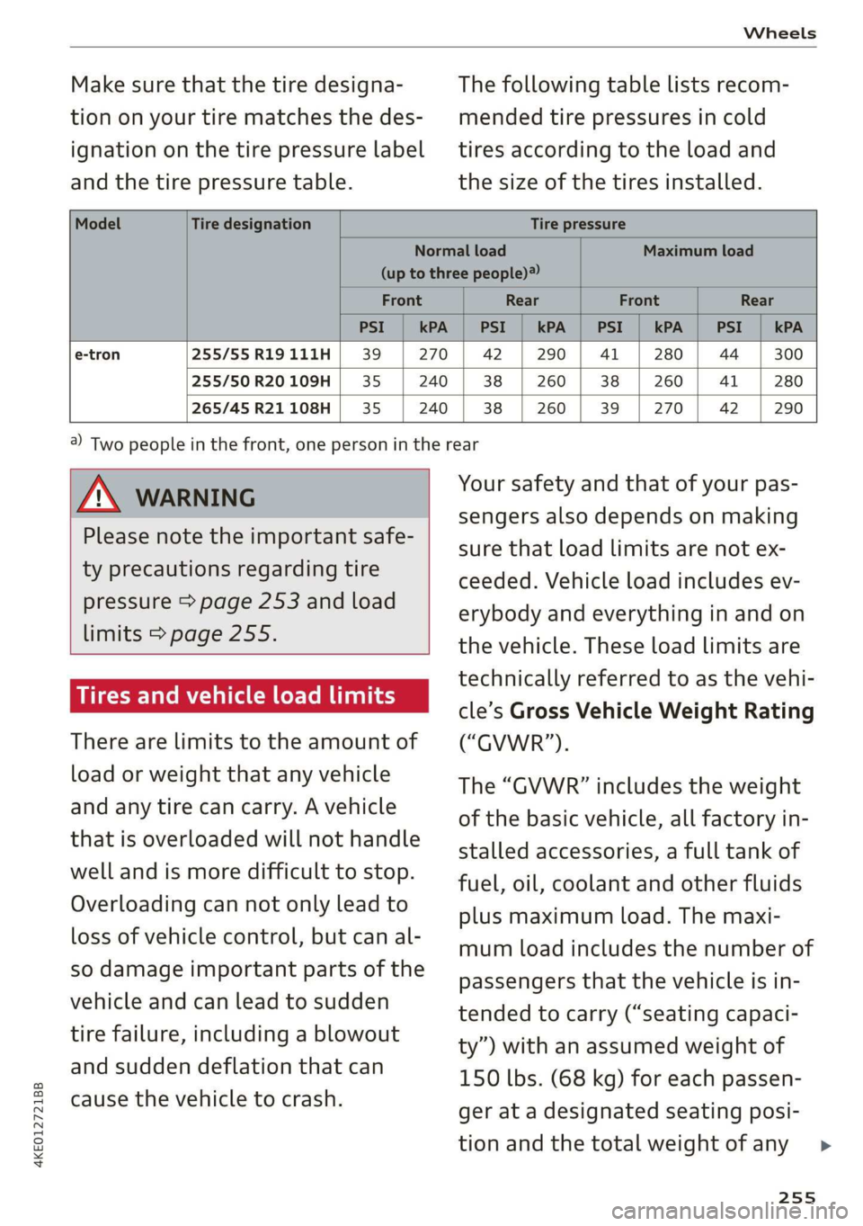 AUDI E-TRON 2019 Owners Manual 4KE012721BB
Wheels
Make sure that the tire designa-
tion on your tire matches the des-
ignation on the tire pressure label
and the tire pressure table.
The following table lists recom-
mende AUDI E-TRON 2019 Owners Manual 4KE012721BB
Wheels
Make sure that the tire designa-
tion on your tire matches the des-
ignation on the tire pressure label
and the tire pressure table.
The following table lists recom-
mende