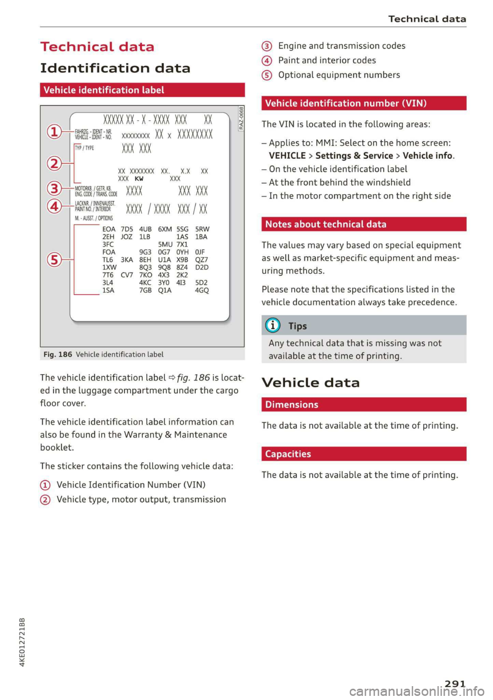 AUDI E-TRON 2019 Owners Manual 4KE012721BB
Technical data
Technical data
Identification data
Vehicle identification label
XXX X= HKNK WOK XX
(Hae wrccnce XX XNKKKNKK
XX XXXXXXX XX. XX XX
Frm XXX XX
2
XXX KW XXX
XX XXX AUDI E-TRON 2019 Owners Manual 4KE012721BB
Technical data
Technical data
Identification data
Vehicle identification label
XXX X= HKNK WOK XX
(Hae wrccnce XX XNKKKNKK
XX XXXXXXX XX. XX XX
Frm XXX XX
2
XXX KW XXX
XX XXX
