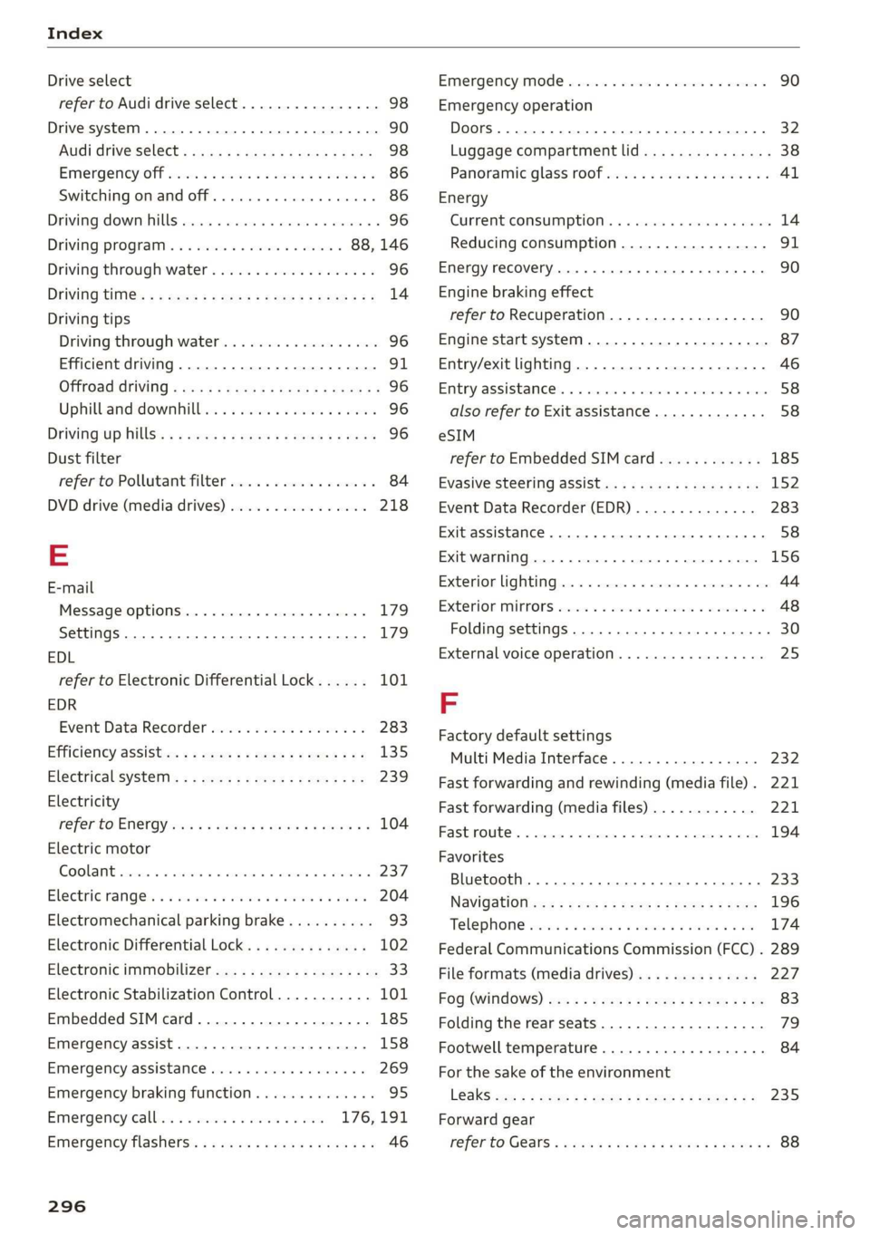 AUDI E-TRON 2019 Owners Manual Index
Drive select
refer to Audi drive select.............0.. 98
Drive system. .... 20.2... 90
Audi drive select . cans 4 cicag at eaan ea ies 98
Emergency Off wv 2 x acne ov wews ye eeu 9 86 AUDI E-TRON 2019 Owners Manual Index
Drive select
refer to Audi drive select.............0.. 98
Drive system. .... 20.2... 90
Audi drive select . cans 4 cicag at eaan ea ies 98
Emergency Off wv 2 x acne ov wews ye eeu 9 86