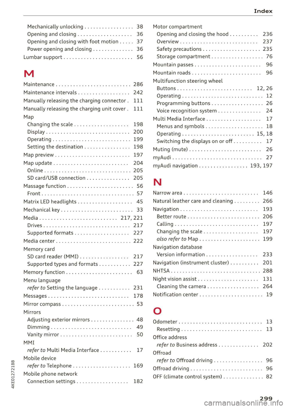 AUDI E-TRON 2019 Owners Manual 4KE012721BB
Index
Mechanically unlocking
Opening and closing.................0.
Opening and closing with foot motion..... 37
Power opening and closing.............. 36
Lumbar'support AUDI E-TRON 2019 Owners Manual 4KE012721BB
Index
Mechanically unlocking
Opening and closing.................0.
Opening and closing with foot motion..... 37
Power opening and closing.............. 36
Lumbar'support