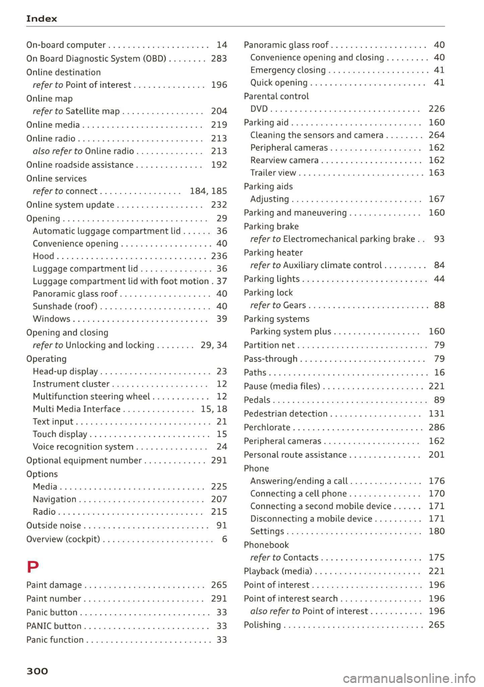 AUDI E-TRON 2019 Owners Manual Index
On-board computer’. . 2 ccc oe eee ee eae es 14
On Board Diagnostic System (OBD)........ 283
Online destination
refer to Point of interest............... 196
Online map
refer to S AUDI E-TRON 2019 Owners Manual Index
On-board computer’. . 2 ccc oe eee ee eae es 14
On Board Diagnostic System (OBD)........ 283
Online destination
refer to Point of interest............... 196
Online map
refer to S