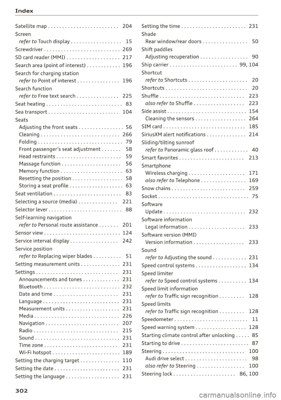 AUDI E-TRON 2019 Owners Manual Index
Satellitesmap « sscsis x + accuse © w aeanee © ween © © e 204
Screen
refer to Touch display...............-.. 15
Screwdriver... 2.0.0... cece eee eee eee 269
SDicard reader(MM) s AUDI E-TRON 2019 Owners Manual Index
Satellitesmap « sscsis x + accuse © w aeanee © ween © © e 204
Screen
refer to Touch display...............-.. 15
Screwdriver... 2.0.0... cece eee eee eee 269
SDicard reader(MM) s