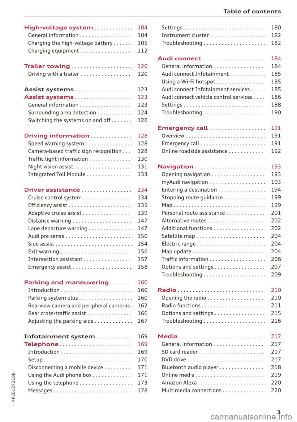 AUDI E-TRON 2019  Owners Manual 4KE012721BB 
Table of contents 
  
High-voltage system............. 104 
Generalinformation................. 104 
Charging the high-voltage battery...... 105 
Charging equipment................. 112 
